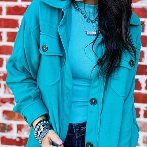 Zenana All About the Fleece Lightweight Button-Down Shacket in light teal medium